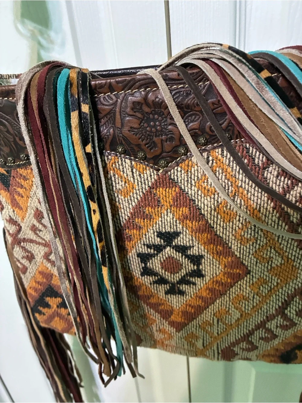 🌟Myra Bag Brown and Tan Southwestern Tapestry Crossbody with Fringe